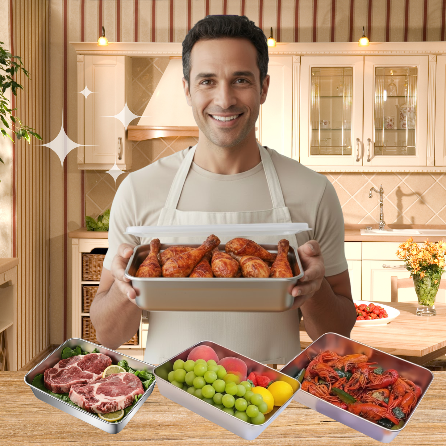 Scatola per la conservazione degli alimenti in SUS304, vassoio rettangolare in acciaio inox con coperchio in gomma, sicuro per la salute. (25 cm × 19,5 cm × 5 cm)