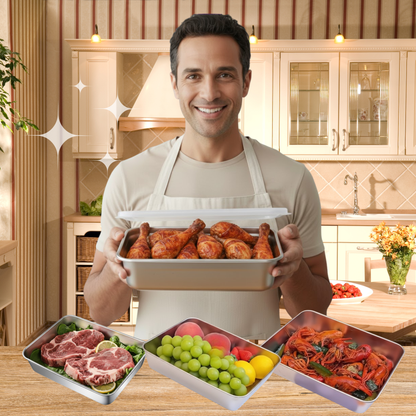 Scatola per la conservazione degli alimenti in SUS304, vassoio rettangolare in acciaio inox con coperchio in gomma, sicuro per la salute. (25 cm × 19,5 cm × 5 cm)