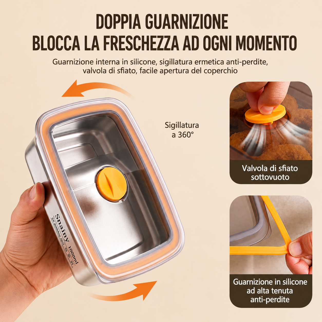 Scatola per alimenti sottovuoto antibatterica in acciaio inox 316 (19x14x6cm)