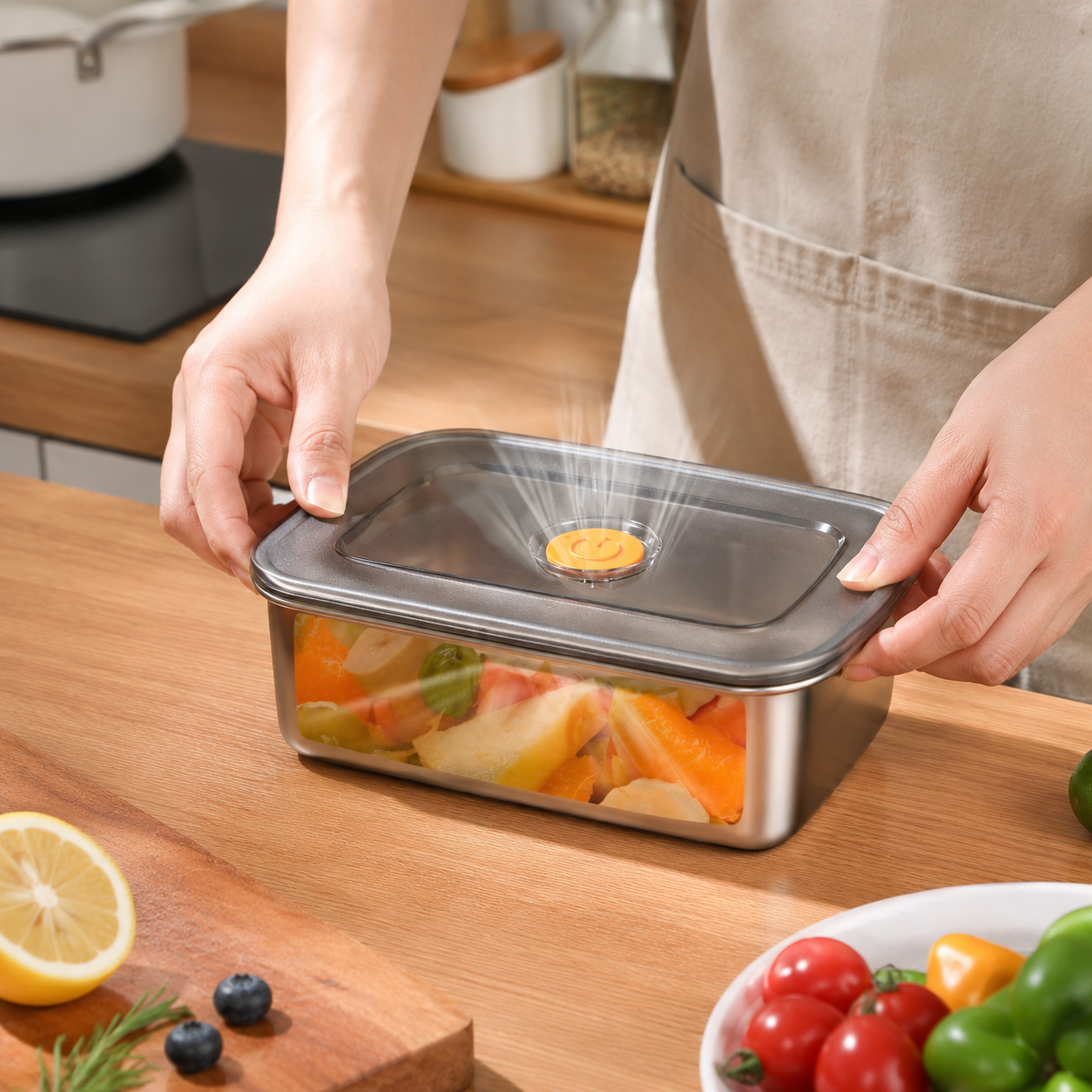 Scatola per alimenti sottovuoto antibatterica in acciaio inox 316 (19x14x6cm)