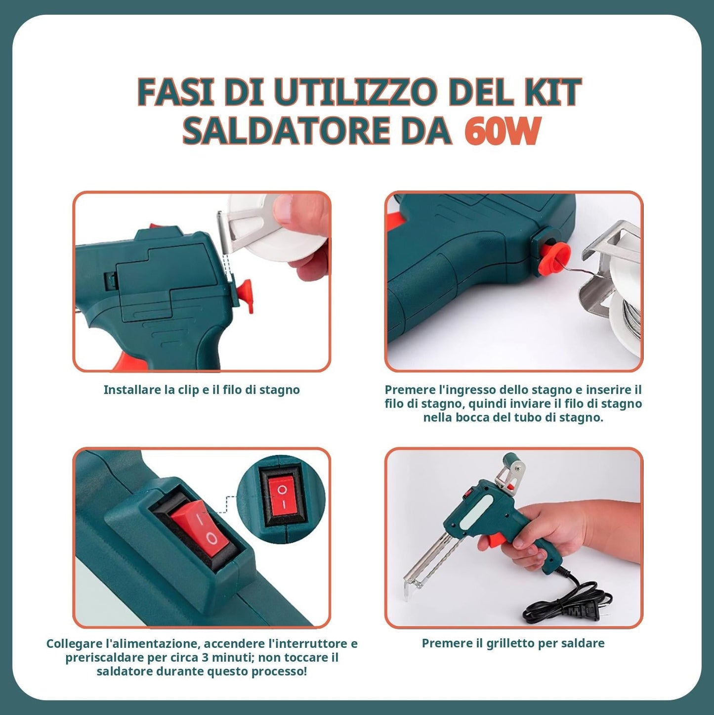 Kit saldatore, pistola elettrica da 60W con cavo e filo per saldare