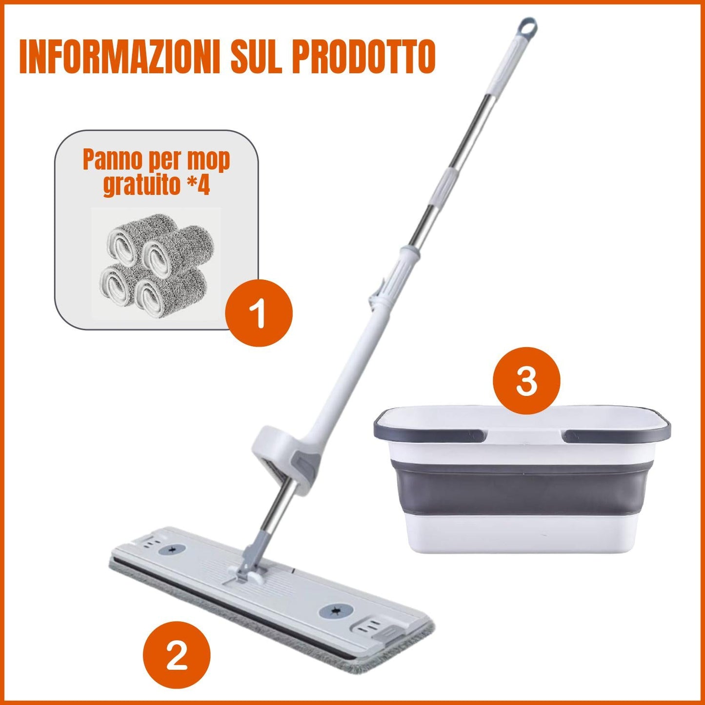 Set Di Secchi Per Mop A Mani Libere, 4 Tamponi In Microfibra Riutilizzabili Inclusi