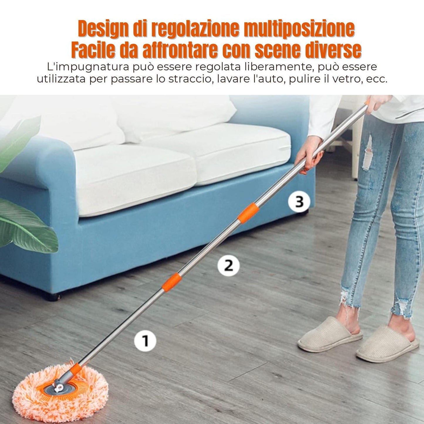 Mop Di Pulizia In Microfibra Con Manico Lungo Da 47 Pollici/120 cm, Ruotabile A 360° Ed Estensibile