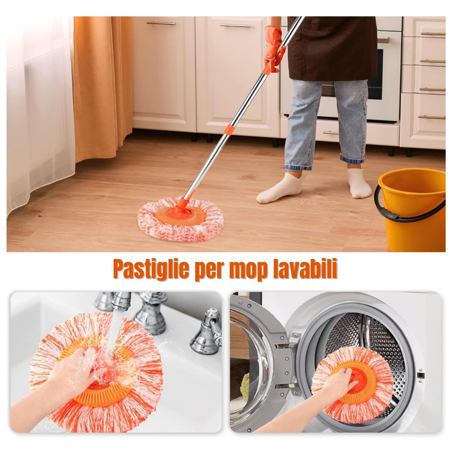 Mop Di Pulizia In Microfibra Con Manico Lungo Da 47 Pollici/120 cm, Ruotabile A 360° Ed Estensibile