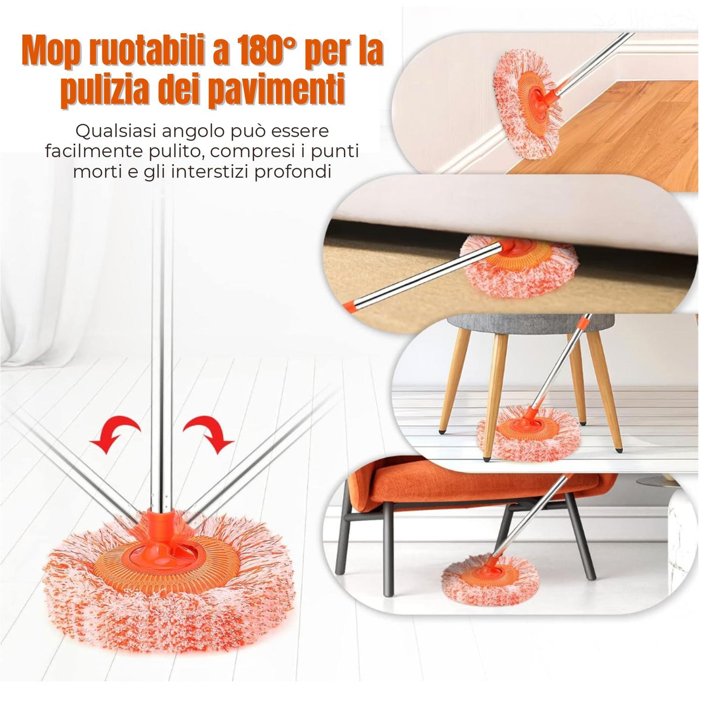 Mop Di Pulizia In Microfibra Con Manico Lungo Da 47 Pollici/120 cm, Ruotabile A 360° Ed Estensibile