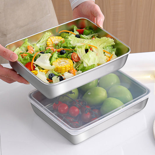 [🎁 Set 6+3 Gratis] Contenitori per Alimenti SUS304 con Coperchi in Gomma (25 x 20 x 6 cm) – Adatti a Forno e Microonde, Conservano Freschezza e Sapore