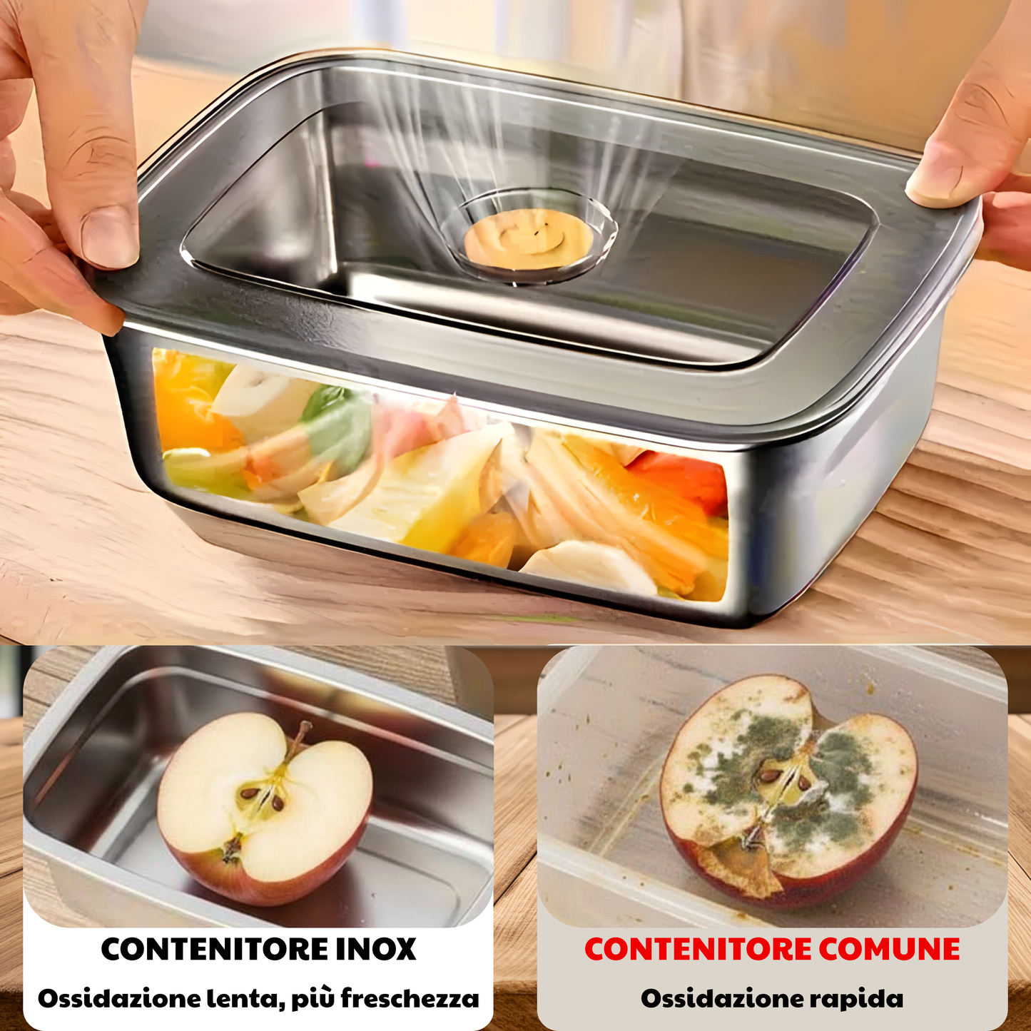 Contenitore per alimenti sottovuoto in acciaio inox antibatterico grande da 1000 ml (19 x 14 x 6cm)