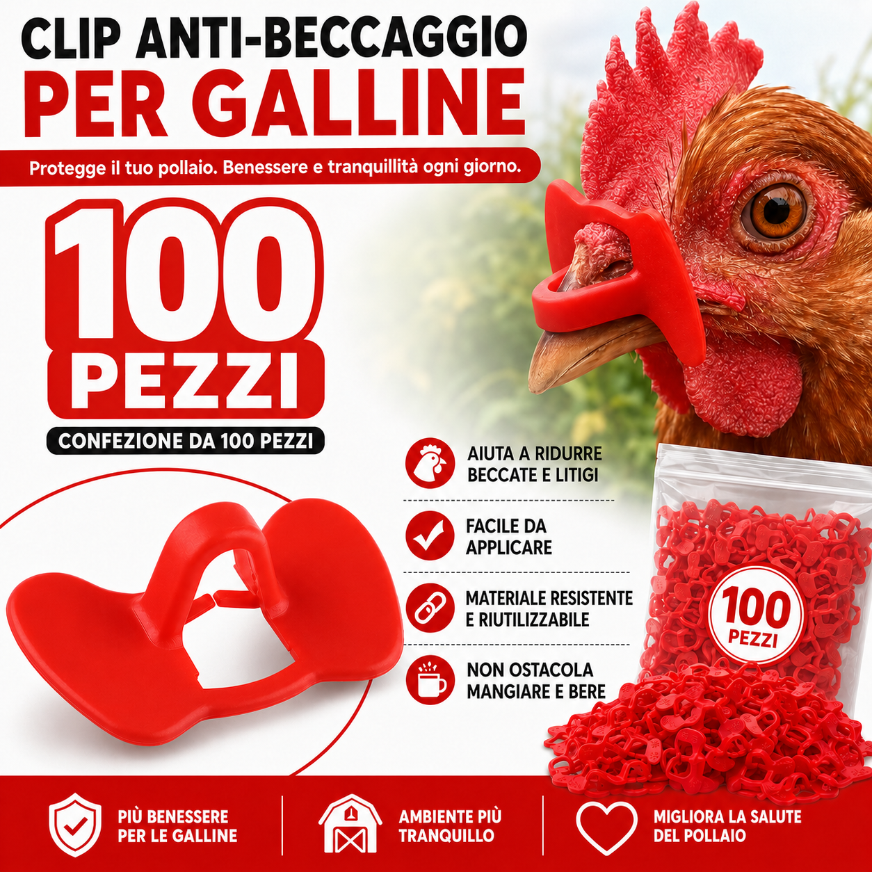 Clip Anti-Beccaggio per Galline – Riduce Litigi, Ferite e Piume Strappate