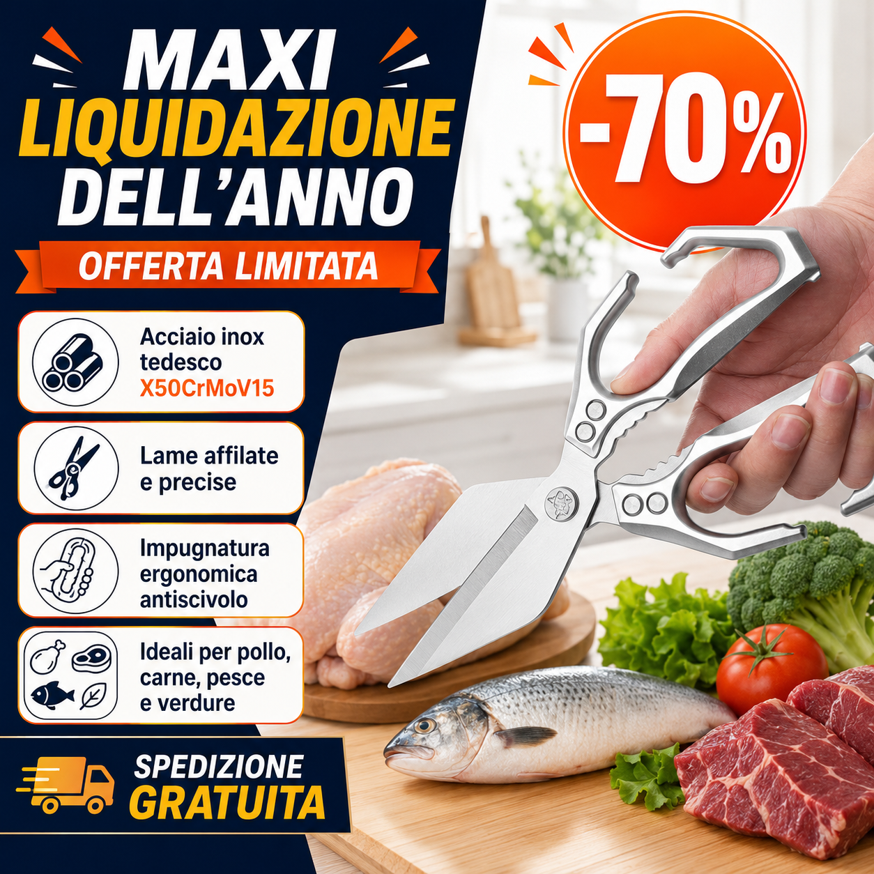 🇮🇹 Forbici grandi con lama a forma di diamante, realizzate in acciaio inox massiccio importato dalla Germania.
