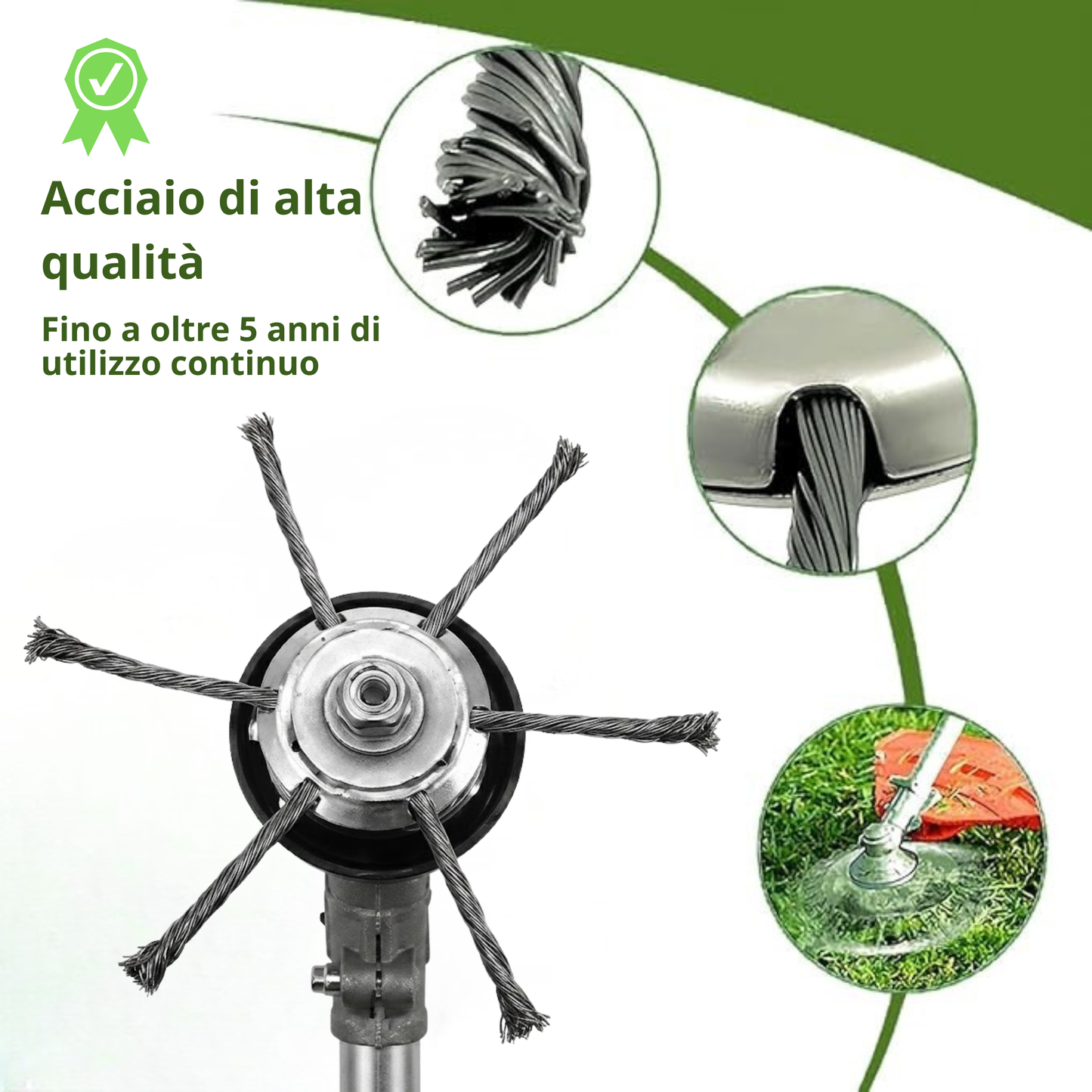 La testina del decespugliatore ha 6 bracci intrecciati in filo d’acciaio resistente.