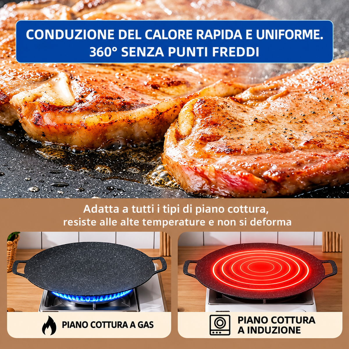 Padella grill universale per fornelli a gas, piani a induzione e fiamma libera