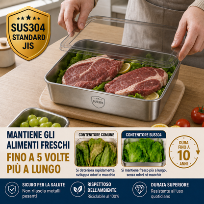 Contenitori in acciaio inox SUS304 | Alimenti freschi più a lungo (25×20×5 cm)