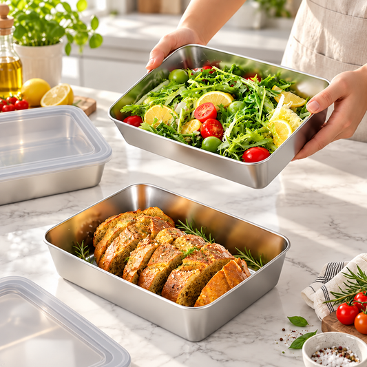 Contenitore Premium in Acciaio Inox 304 con Coperchio in Silicone (25 × 20 × 6 cm)
