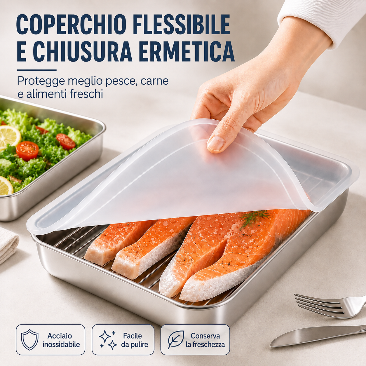 Contenitore per Alimenti in Acciaio Inox 304 con Coperchio Ermetico – Freschezza Più Lunga, Senza Odori e Sprechi