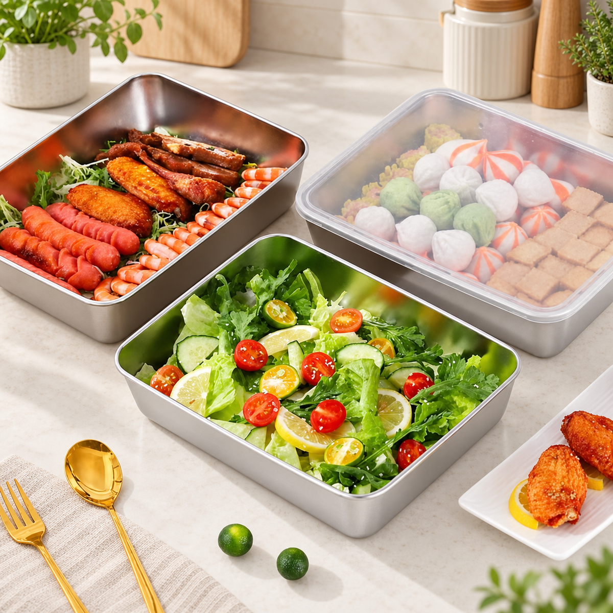 Contenitore premium per alimenti in acciaio inox SUS304 da 2400 ml con coperchio ermetico (25×20×5 cm)