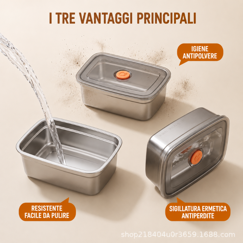 Scatola per alimenti sottovuoto antibatterica in acciaio inox 316 (19x14x6cm)