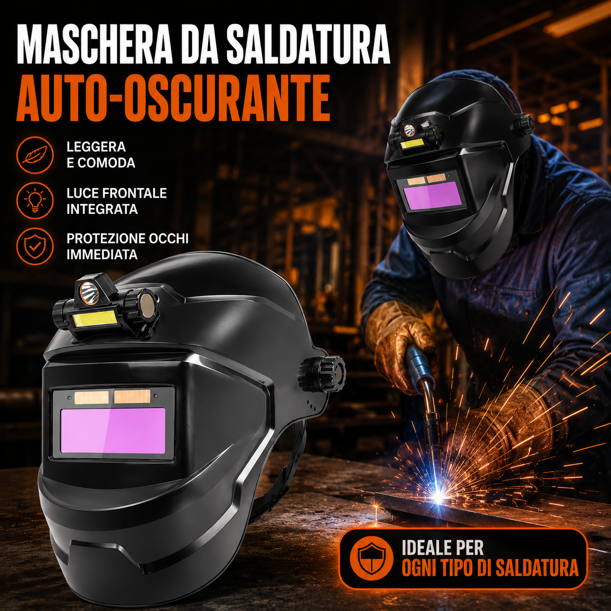 Maschera da saldatura automatica oscurante premium con luce LED, leggera da indossare, protezione totale per gli occhi